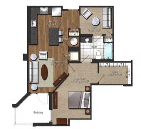 Floor plan for 1 bed, 1 bath, 812 sqft